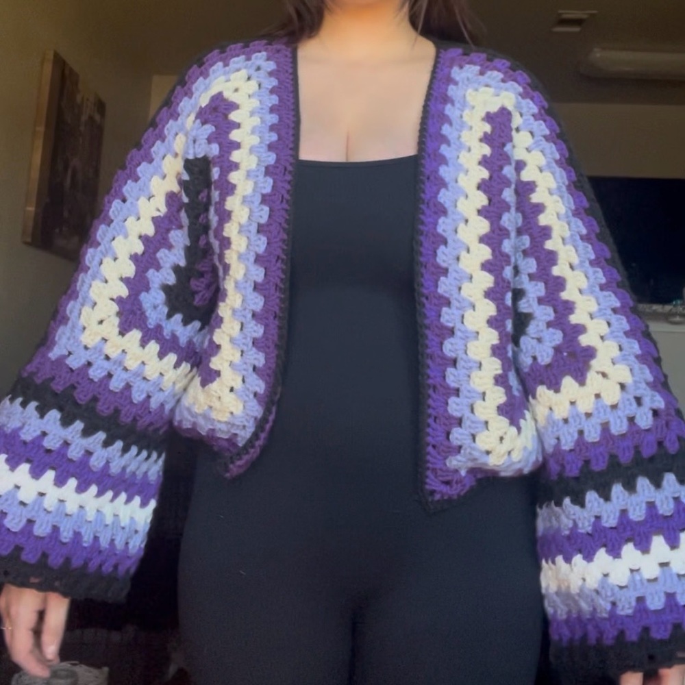 Handmade Crochet Open-Front Cardigan Sweater in Purple and Cream